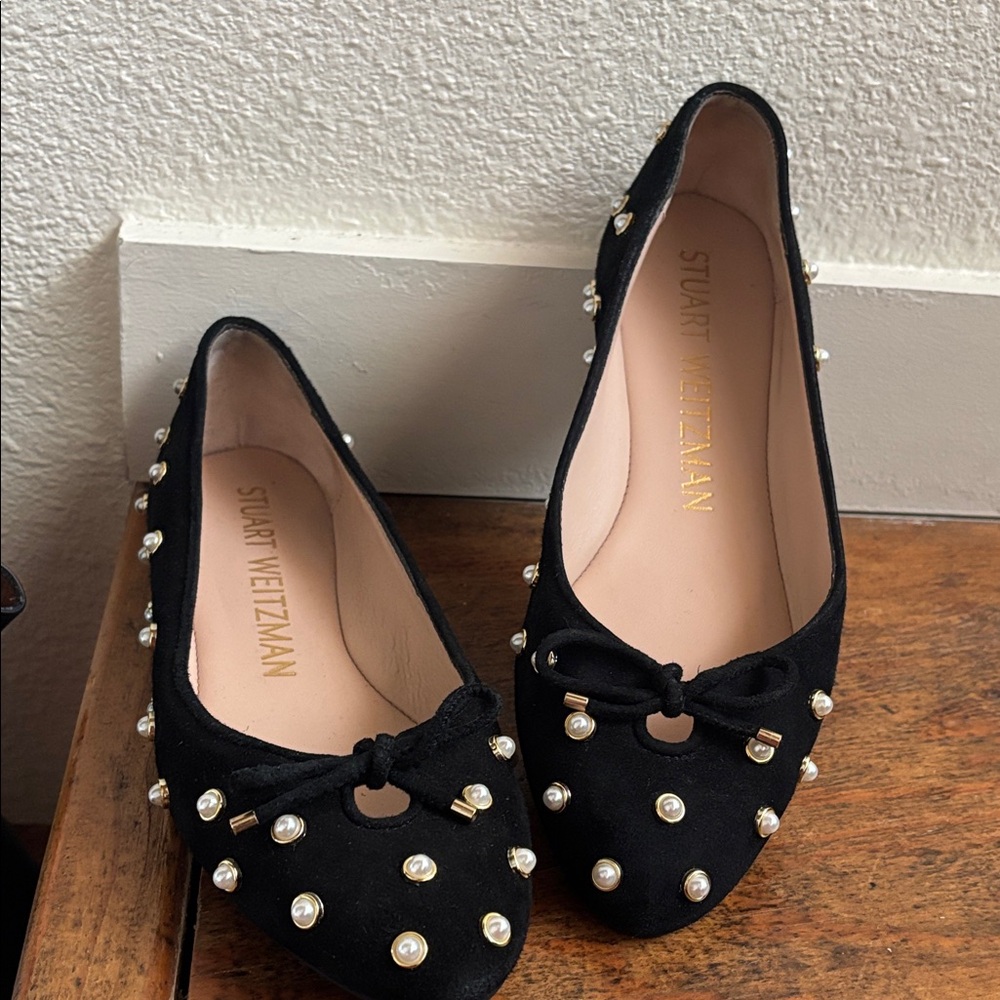 Stuart Weitzman Black Flats with Pearl Accents
